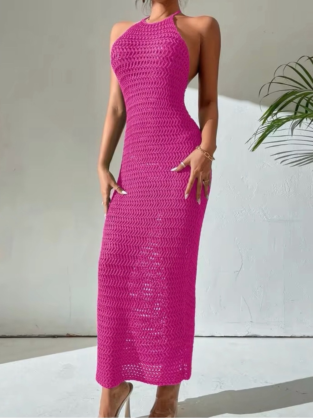 Shein Hot Pink Crochet Halter Maxi Coverup Dress